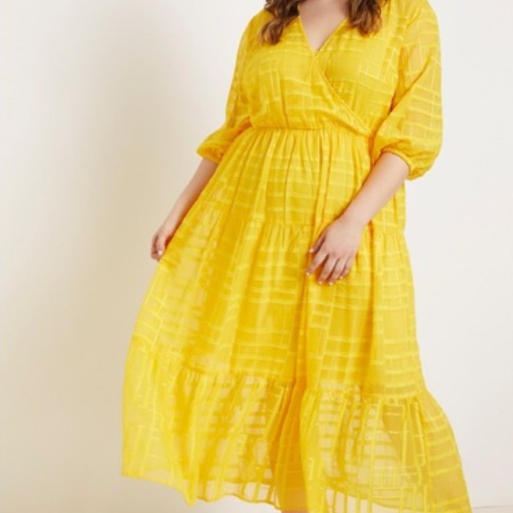 NEW Eloquii Yellow V-Neck Surplice Puff Sleeve Maxi Dress Plus Size 28